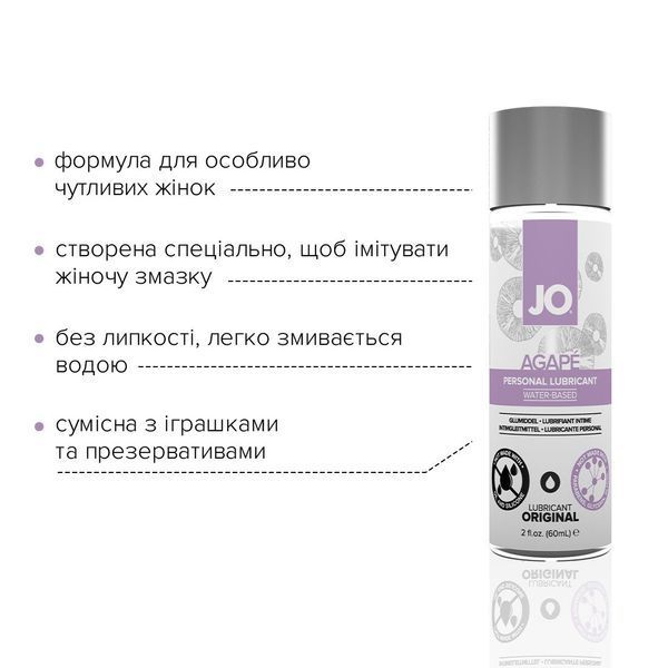 Смазка на водной основе JO AGAPE ORIGINAL 60 мл, без глицерина и парабенов, для деликатного скольжения SO-SO1685 фото