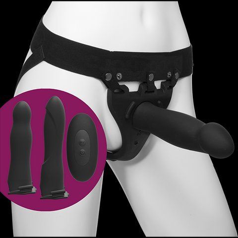 Набір для страпона з вібрацією Doc Johnson Body Extensions &ndash; 5 предметів, регульовані трусики, 3 насадки, пульт Д/У, чорний SO-SO2793 фото