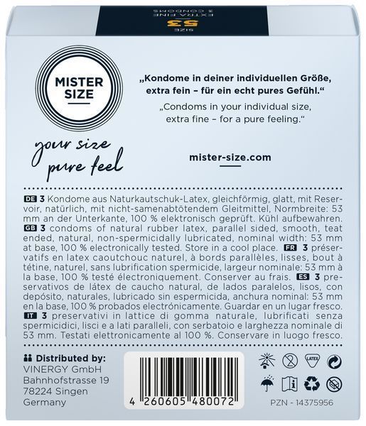 Презервативы Mister Size 53 мм, 3 шт, тонкие и комфортные для веганов B-ORI-413690 фото