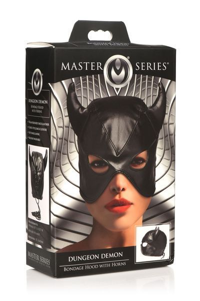 Маска з рогами Master Series Dungeon Demon з веганської шкіри для БДСМ та карнавала, чорна SO-SO8800 фото