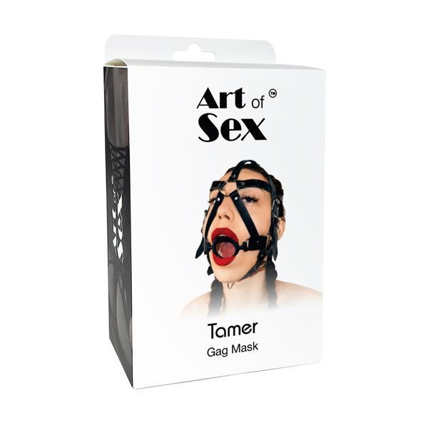 Кляп-маска Art of Sex Tamer з натуральної шкіри з силіконовим кільцем, чорний колір, для BDSM-ігор SO-SO9664 фото