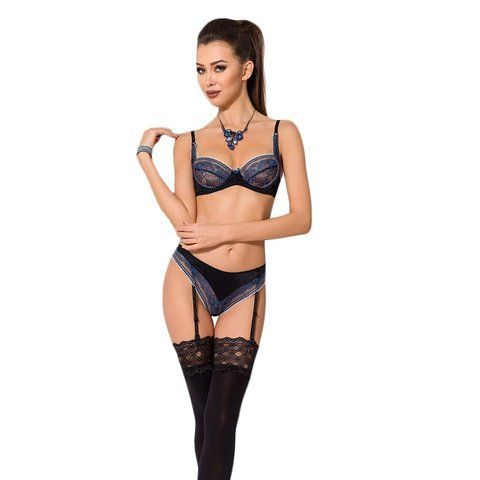 Комплект белья Passion GISELE SET L/XL, черный, кружевной лиф и трусики с пажами SO-PS24607 фото